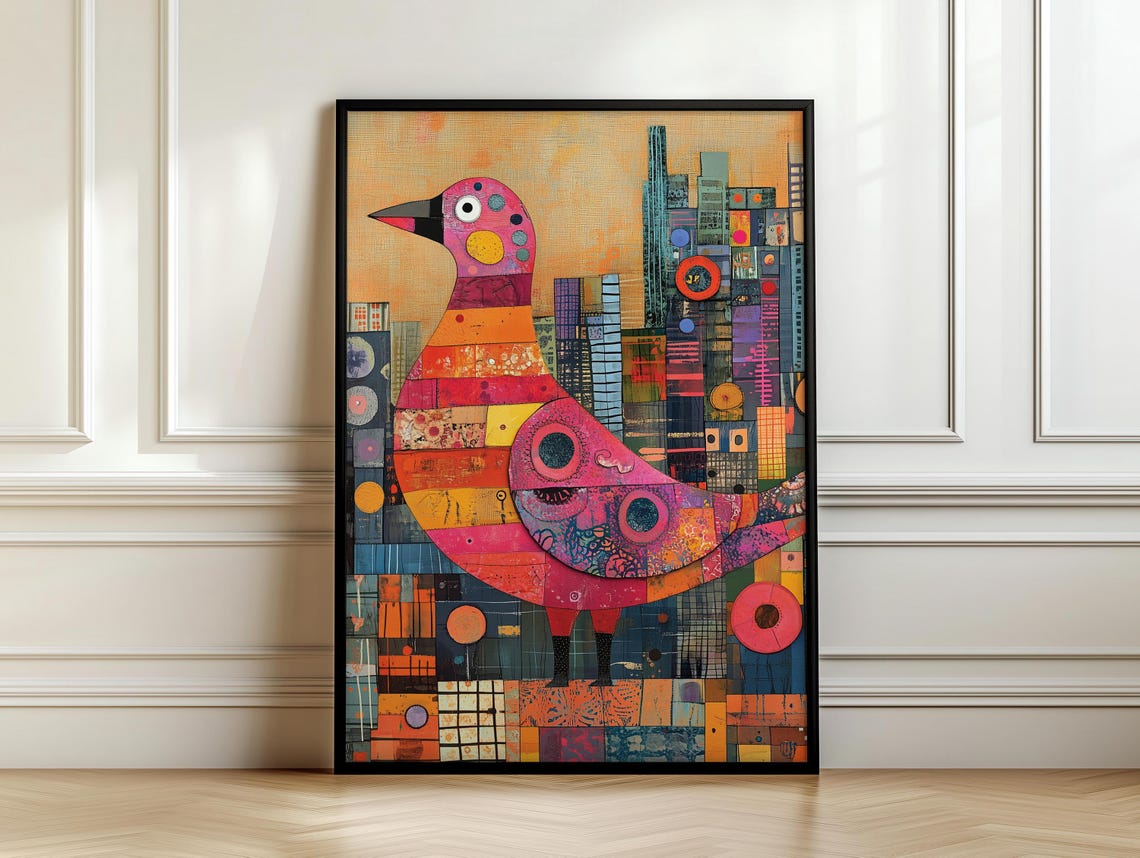 Stylized Patchwork Pigeon Over A Geometric Cityscape Art Poster - Image 7