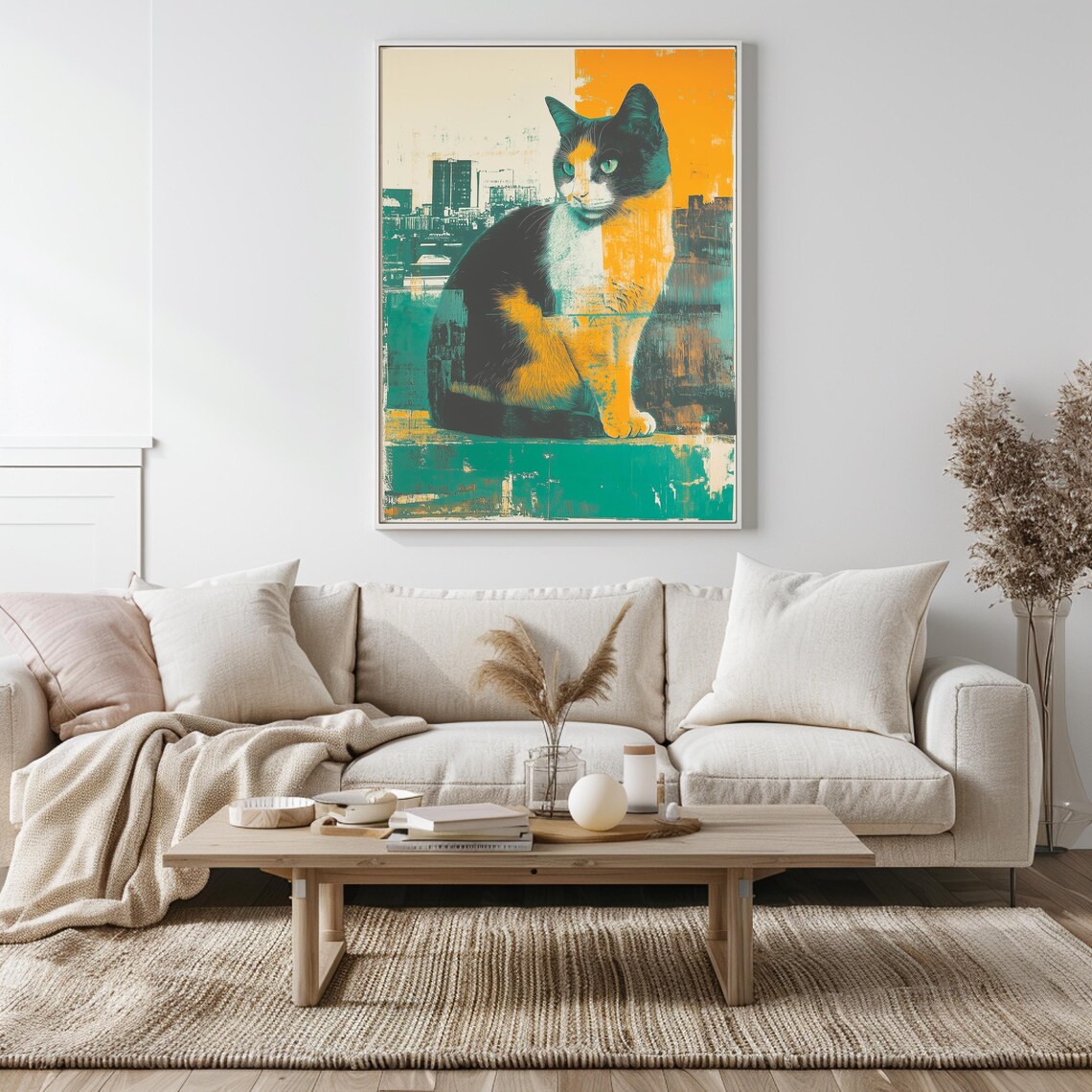 Calico Cat Sitting in Teal Orange Cityscape Pop Art Style Poster - Image 3