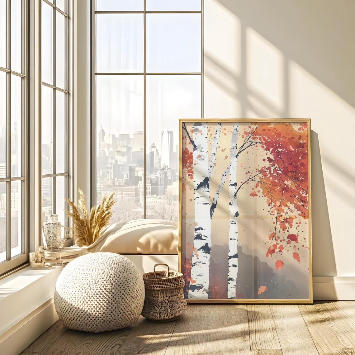 Two White Birch Trunks With Crimson Autumn Foliage Cream Poster - Image 3