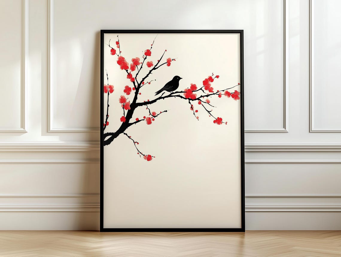Lone Black Bird Ink Painting Resting On Red Blossom Branch Poster - Image 6