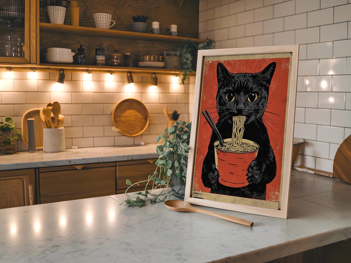 Black Cat Eating Ramen Vintage Style Funny Feline Food Poster - Image 7