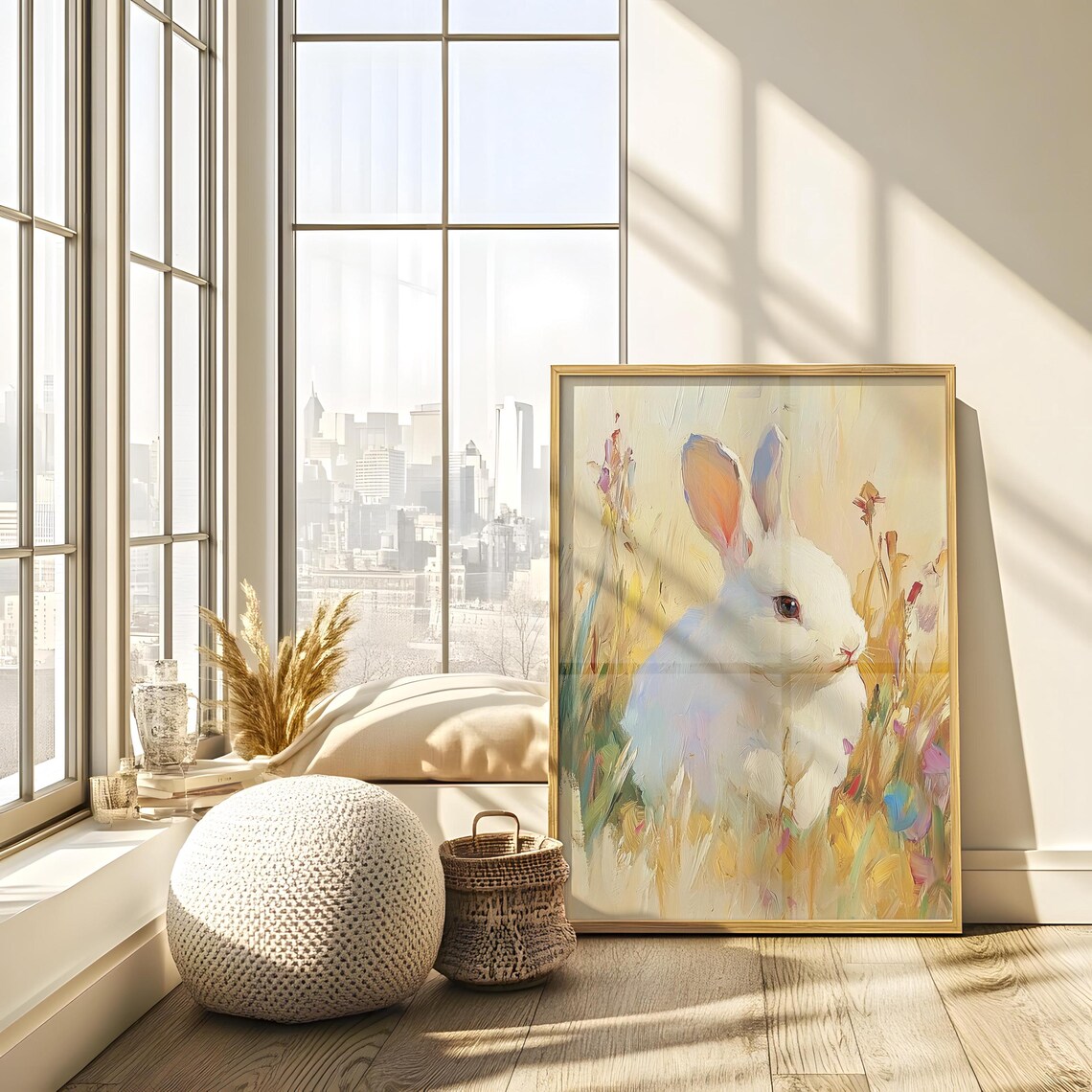 White Rabbit In Golden Meadow Soft Pastel Oil Painting Style Bunny Artwork Poster - Image 2