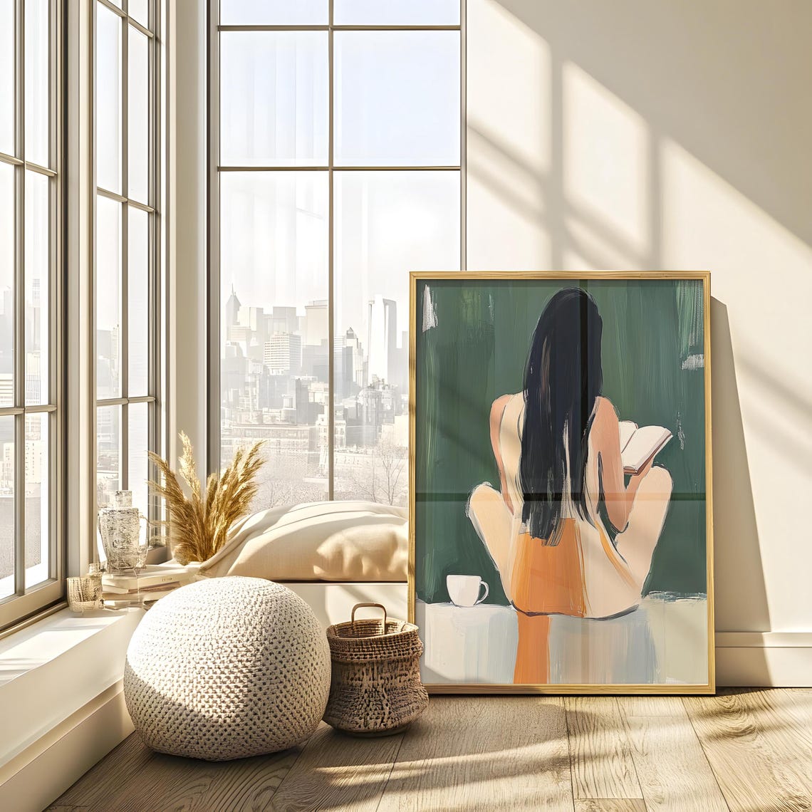 Emerald Green Reading Woman Coffee Abstract Minimalist Print Expressionist Wall Art Retro Vintage Painting Artwork - Image 3