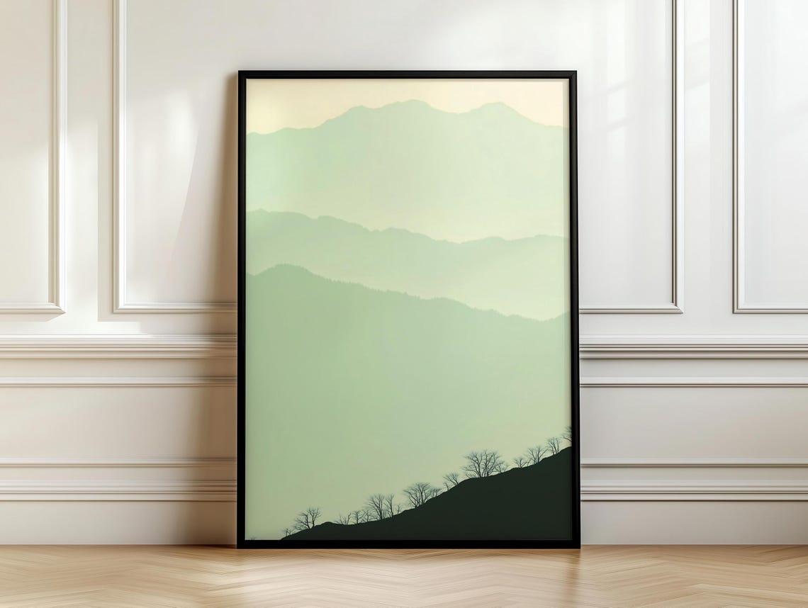 Green Layered Mountains With Tree Silhouettes Calm Art Poster - Image 7