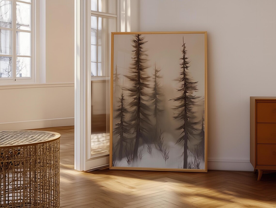 Winter Pine Tree Wall Art Vintage Forest Snow Painting Rustic Masculine Wall Hanging Artwork - Image 6