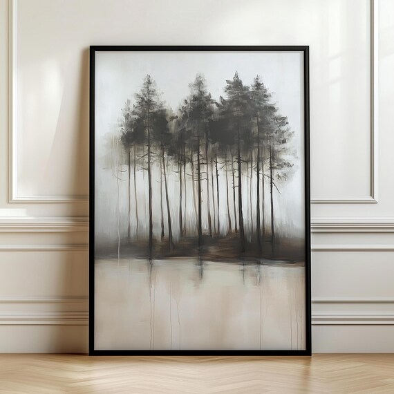 Moody Pine Tree Wall Art Dark Academia Vintage Forest Painting Rustic Masculine Wall Hanging Art