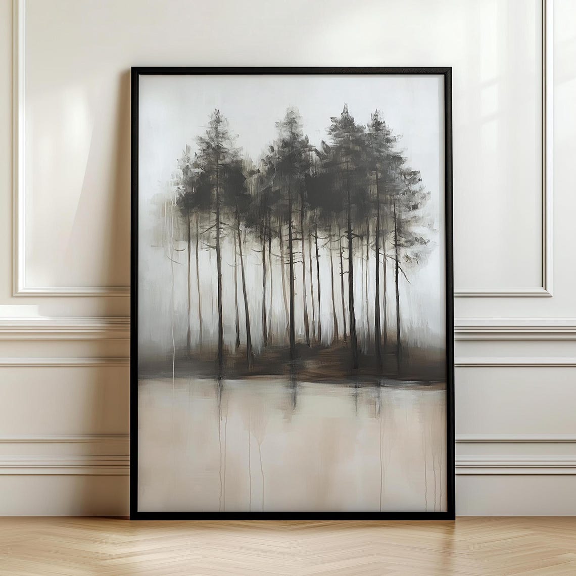 Minimalist Ink Pine Stand Reflected in Still Water Painting Poster