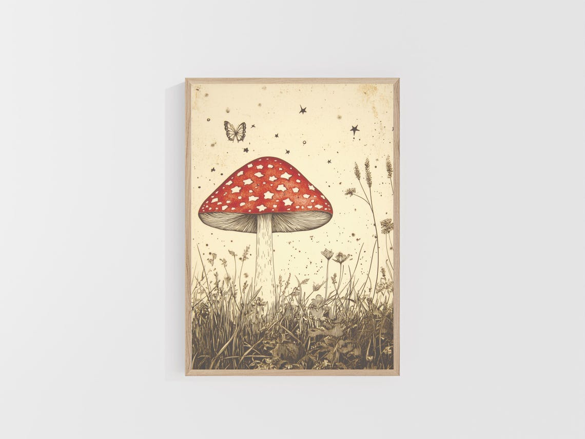 Red Fly Agaric Mushroom in Starry Meadow Vintage Botanical Poster - Image 4