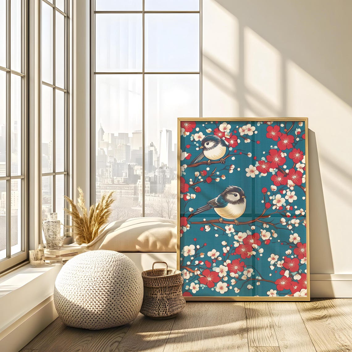 Two Songbirds Resting Among Red And White Blossoms Teal Poster - Image 4