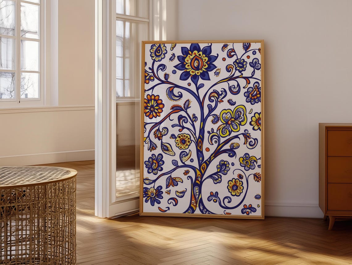 Ukrainian Folk Art Tree Of Life Cobalt Blue Orange Floral Poster - Image 6