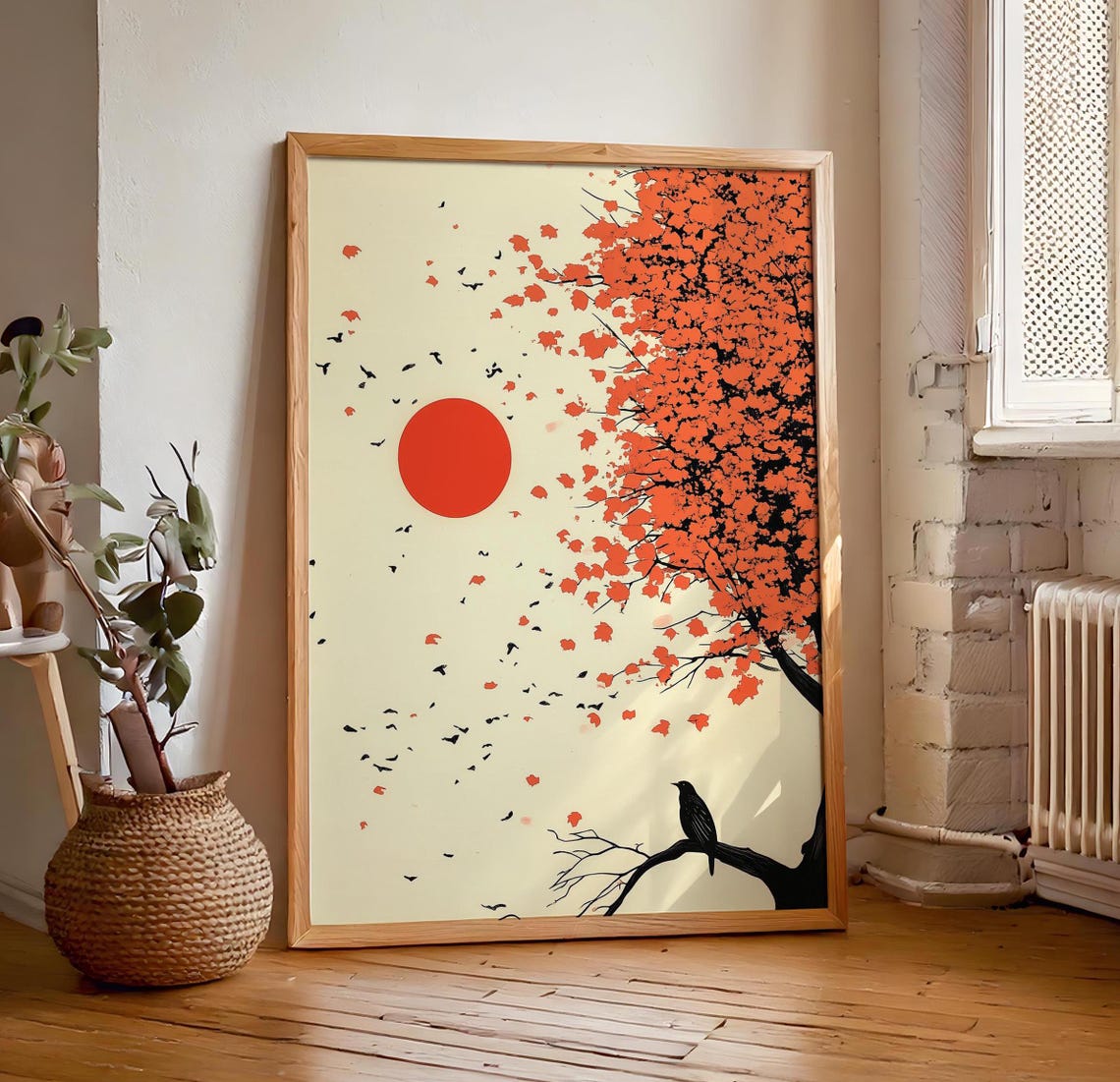 Japandi Red Sun Over Blossom Tree With Black Bird Cream Wall Art