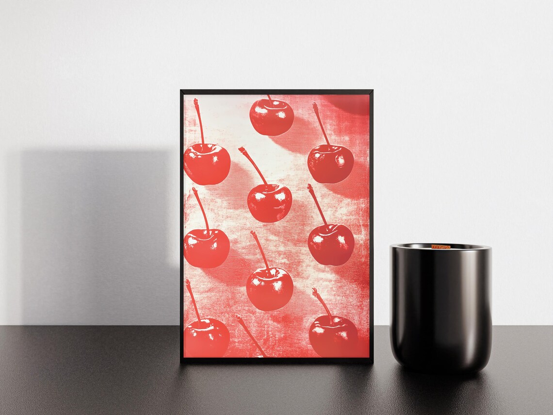 Cherry Print Rows Of Red Cherries On Red Artwork Bright Red Artwork For The Kitchen Colorful Art - Image 4