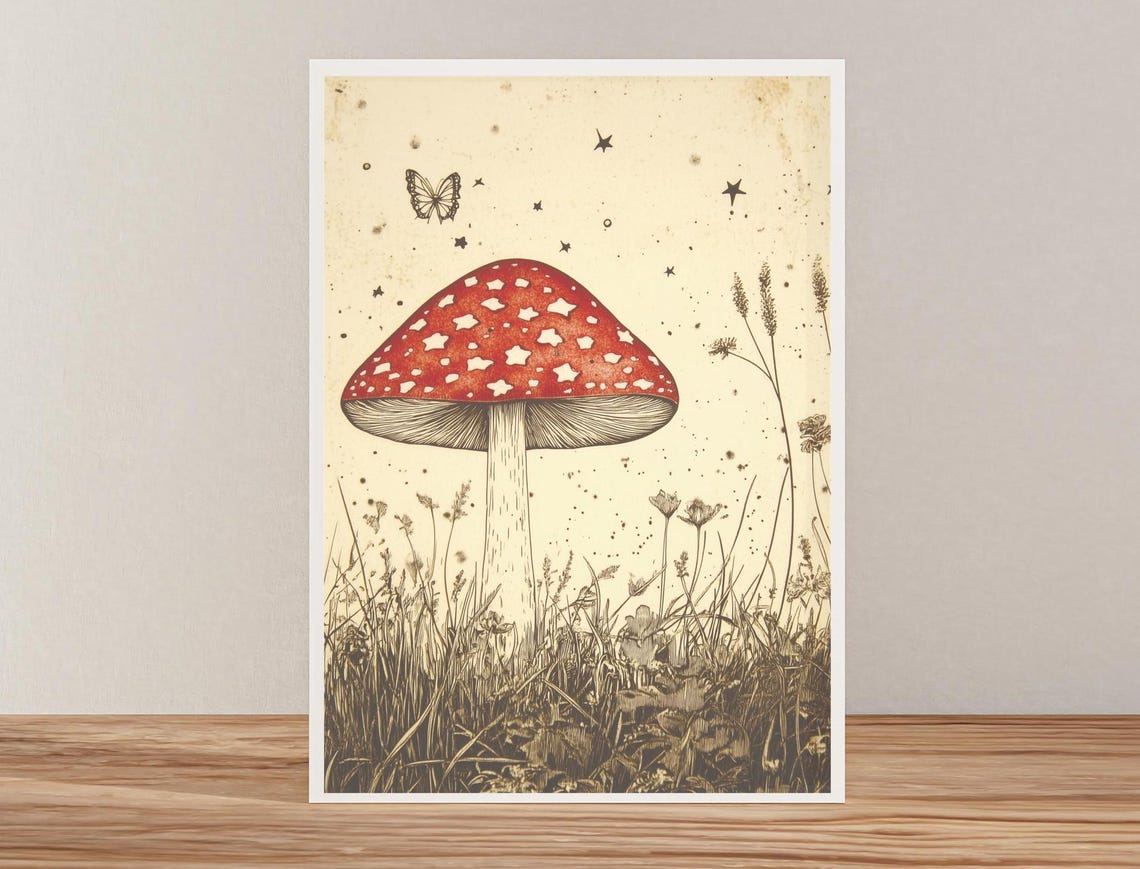 Red Fly Agaric Mushroom in Starry Meadow Vintage Botanical Poster