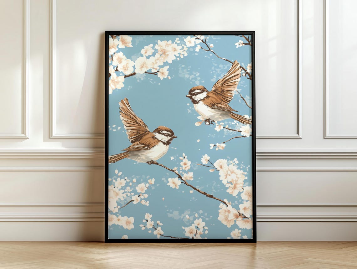 Two Birds Wings Spread White Cherry Blossoms Sky Blue Poster - Image 7