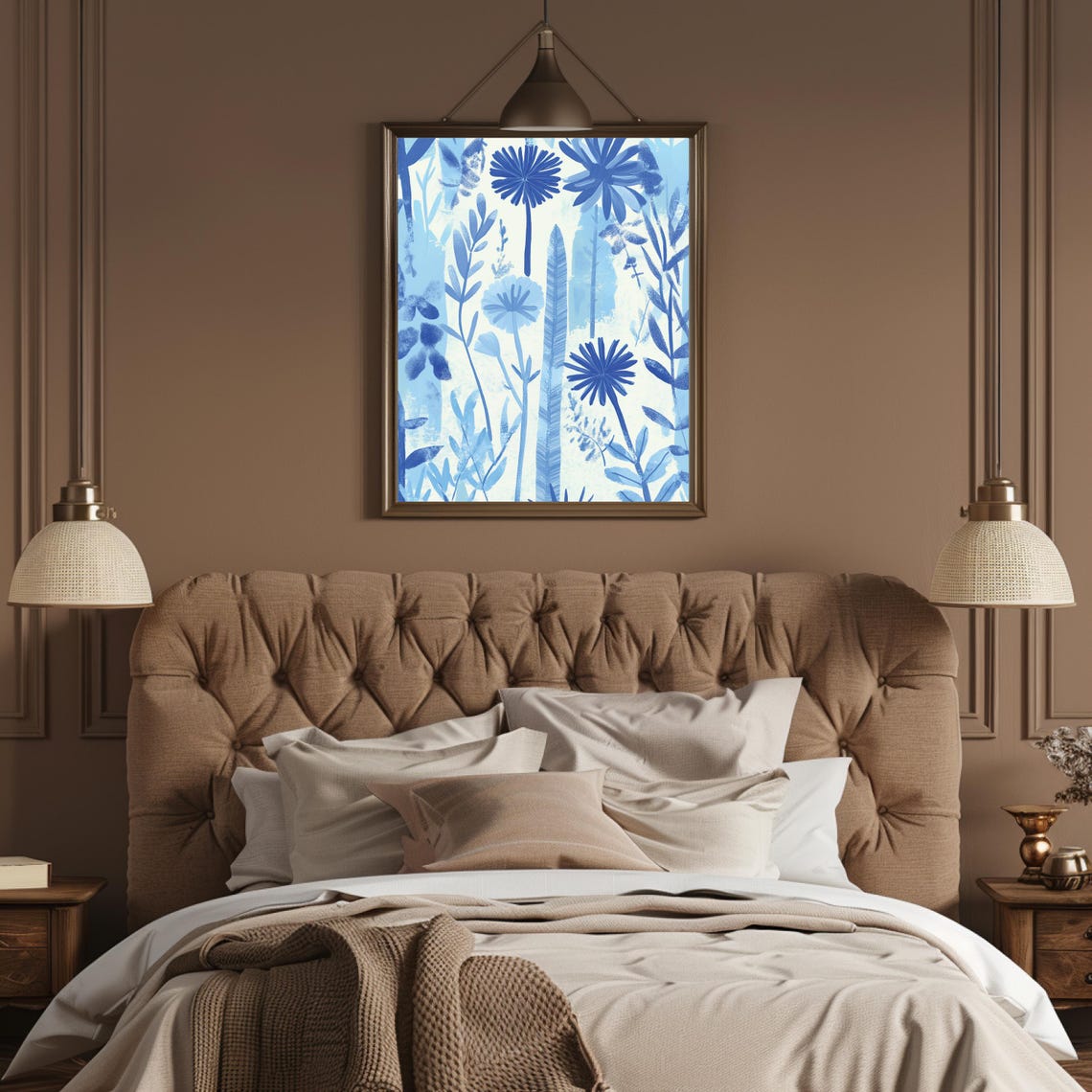 Tall Cobalt Daisy Stems Feathery Leaves Blue White Botanical Poster - Image 3