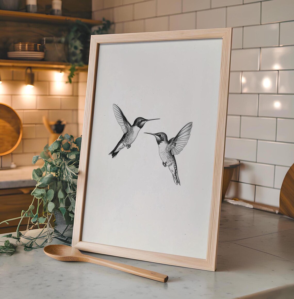 Pair of Hummingbirds in Flight Monochrome Line Drawing Art Poster