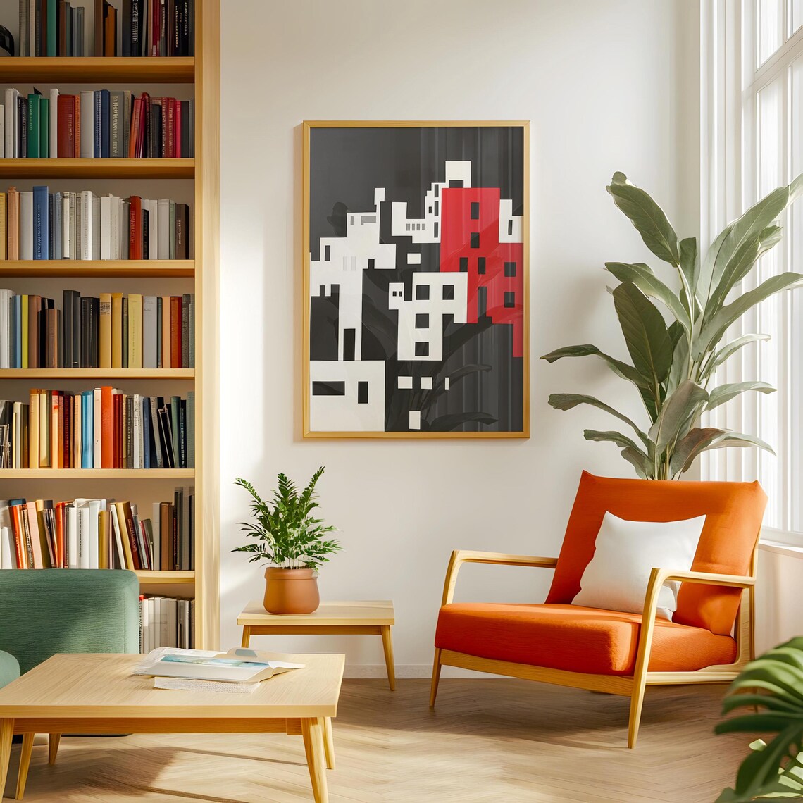 Bold Geometric Black White And Red Abstract Cityscape Art Poster - Image 3