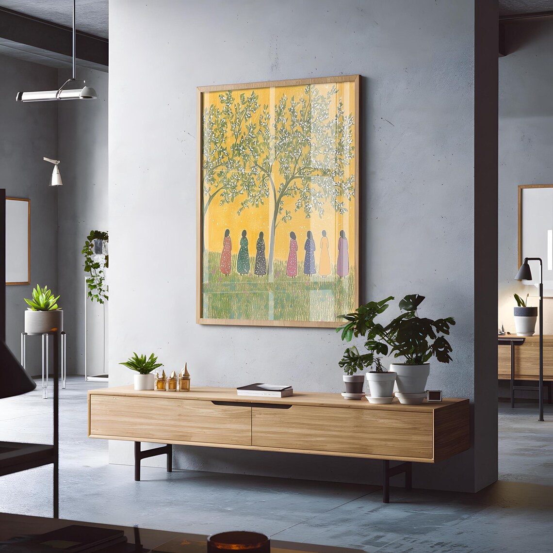 Seven Women Under Blossoming Tree Golden Yellow Folk Gathering Painting Art Poster - Image 3