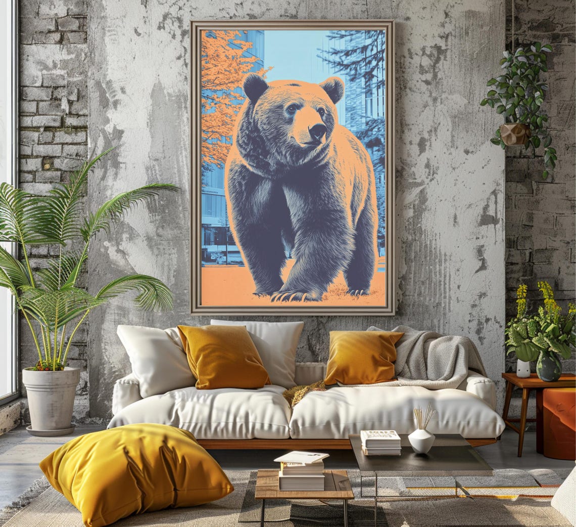 Walking Brown Bear In A City With Blue And Orange Tones Poster - Image 6