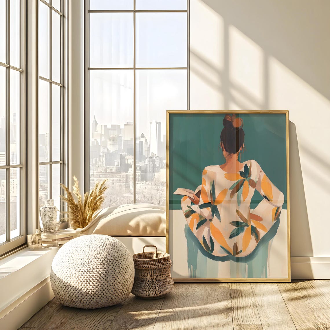 Woman With Bun Reading in Leafy Robe Back View Painterly Poster - Image 2