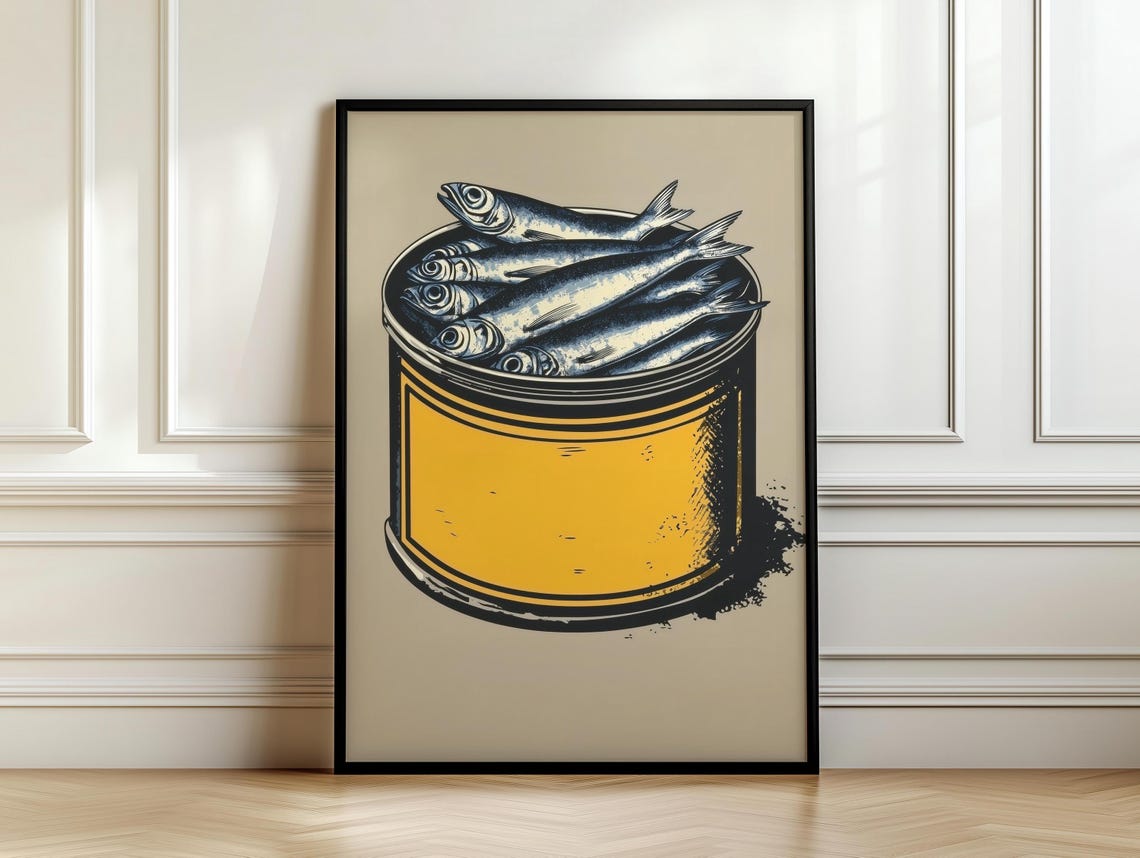 Yellow Vintage Tin Overflowing With Sardines Kitchen Art Poster - Image 7