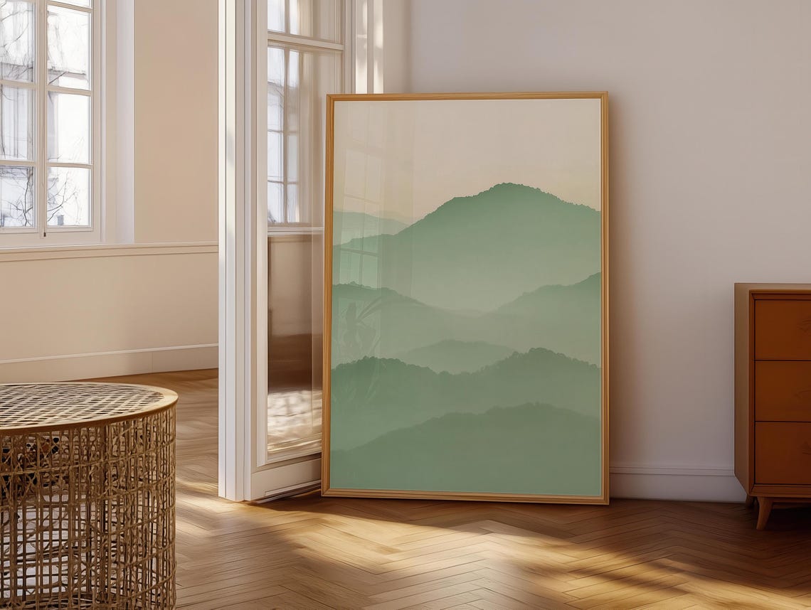 Layered Sage Green Mountains in a Minimalist Misty Vista Poster - Image 6