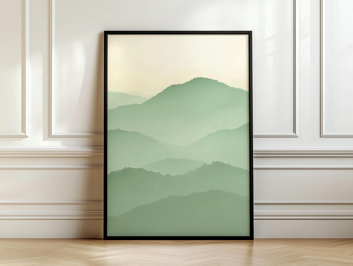 Green Mountain Wall Hanging Sage Green Lime Cream Art Minimalist Peaceful Foggy Calming Vista Scenery - Image 7