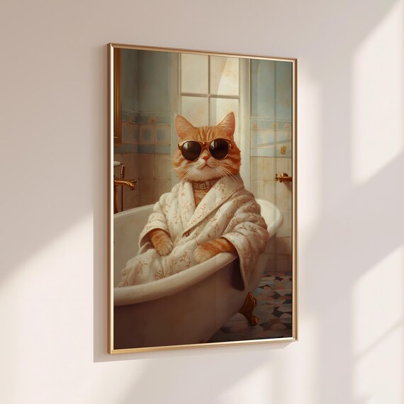 Funny Cat In Bathtub With Sunglasses Cool Bathroom Wall Art Quirky Animal Decor Prints