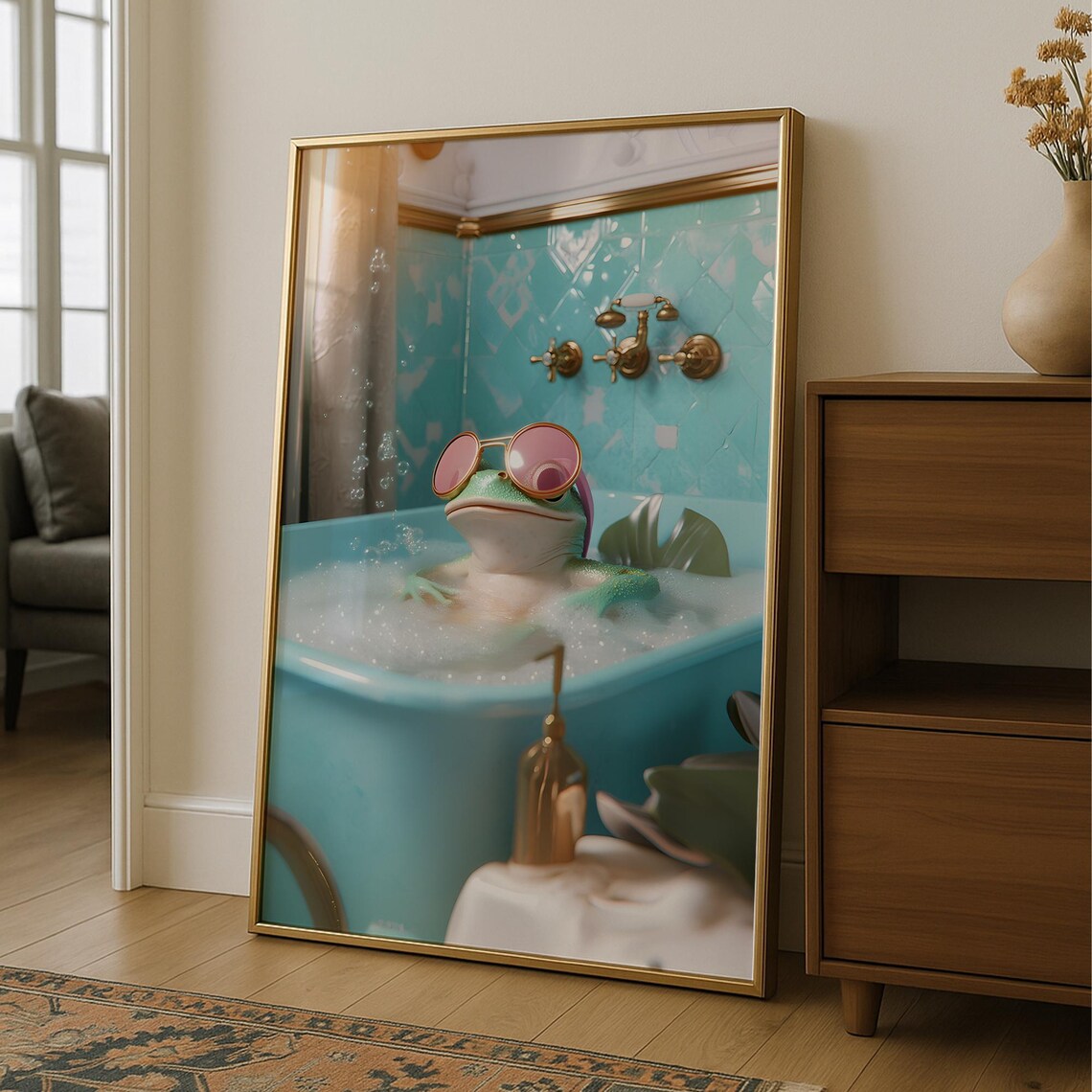Funny Frog In Pink Sunglasses Relaxing In Bubble Bath Poster
