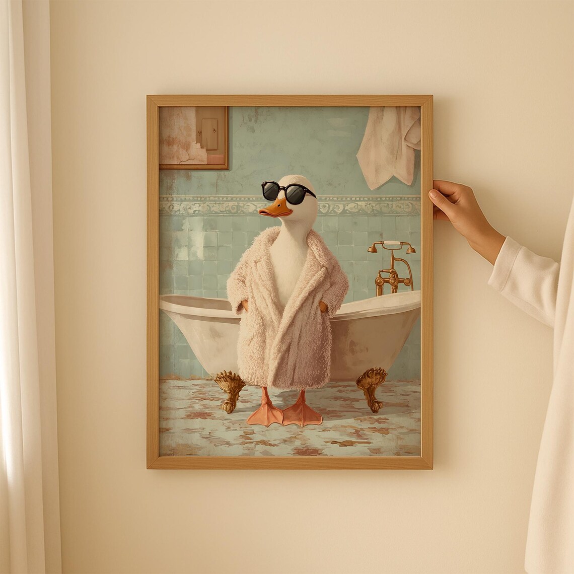 Funny Duck Bathroom Art Print, Quirky Duck in Robe