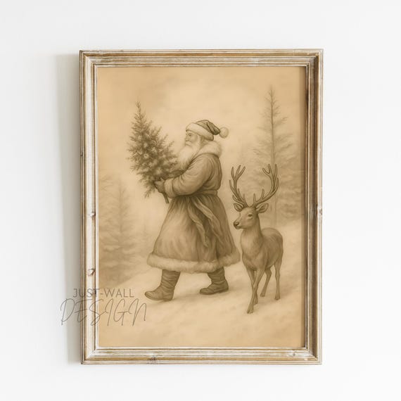 Santa And Reindeer Sepia Christmas Vintage Holiday Winter Scene Poster