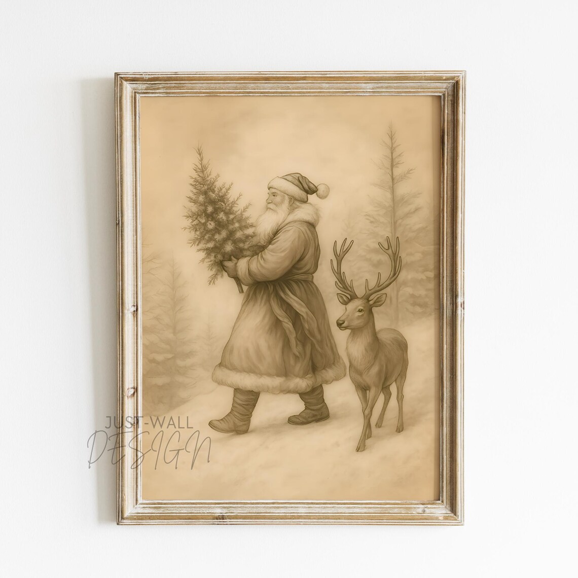 Santa And Reindeer Sepia Christmas Vintage Holiday Winter Scene Poster