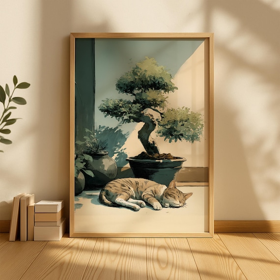 Sleeping Tabby Cat Under a Bonsai Tree Japandi Style Art Poster