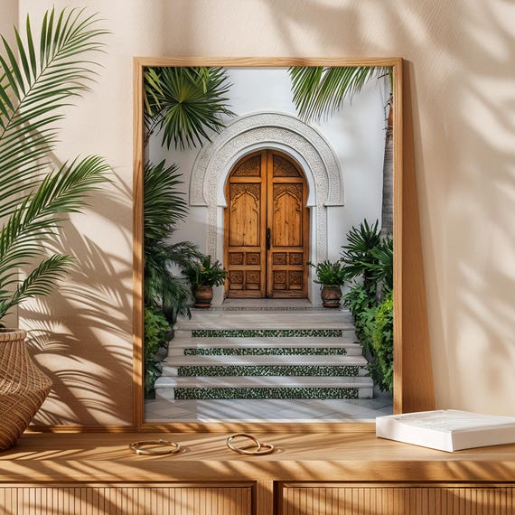 Moroccan Boho Prints Wall Art With Ornate Wooden Door Decor For Home Ideas