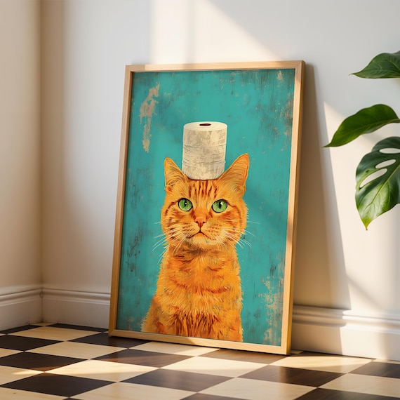 Funny Orange Tabby Cat With Toilet Paper Roll On Head Turquoise Poster