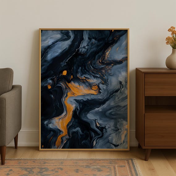 Dark Navy Marble and Gold Swirl Abstract Extra Large Wall Poster
