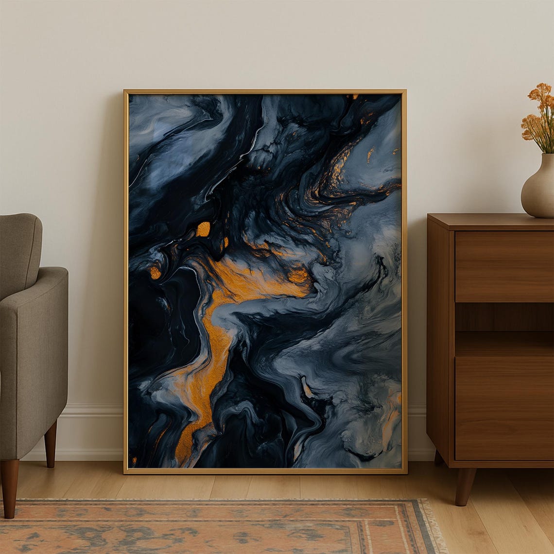 Dark Navy Marble and Gold Swirl Abstract Extra Large Wall Poster