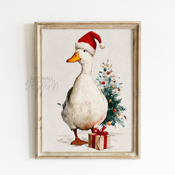 Cute Christmas Duck Santa Hat Gift Box Vintage Holiday Poster