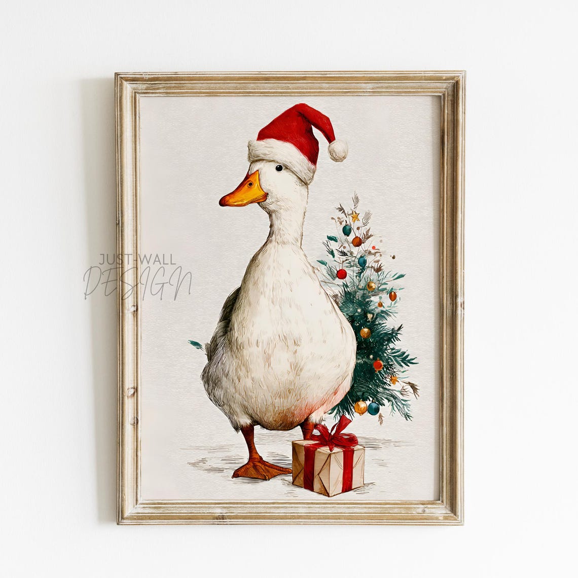 Cute Christmas Duck Santa Hat Gift Box Vintage Holiday Poster
