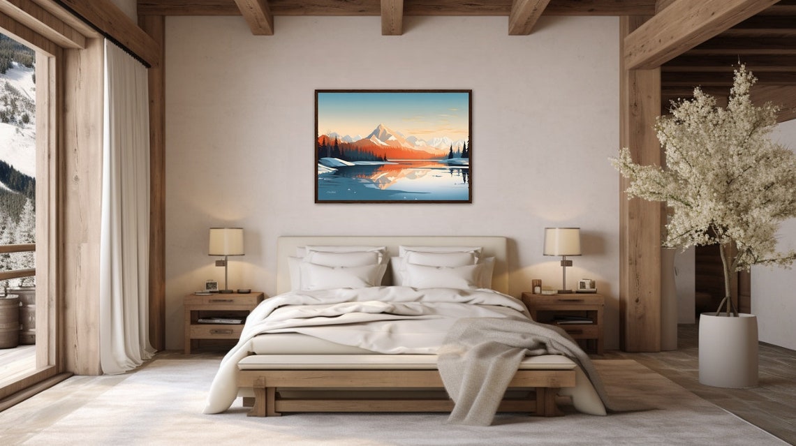 Snowy Mountain Lake Sunrise Reflection Nature Wall Decor Poster - Image 2