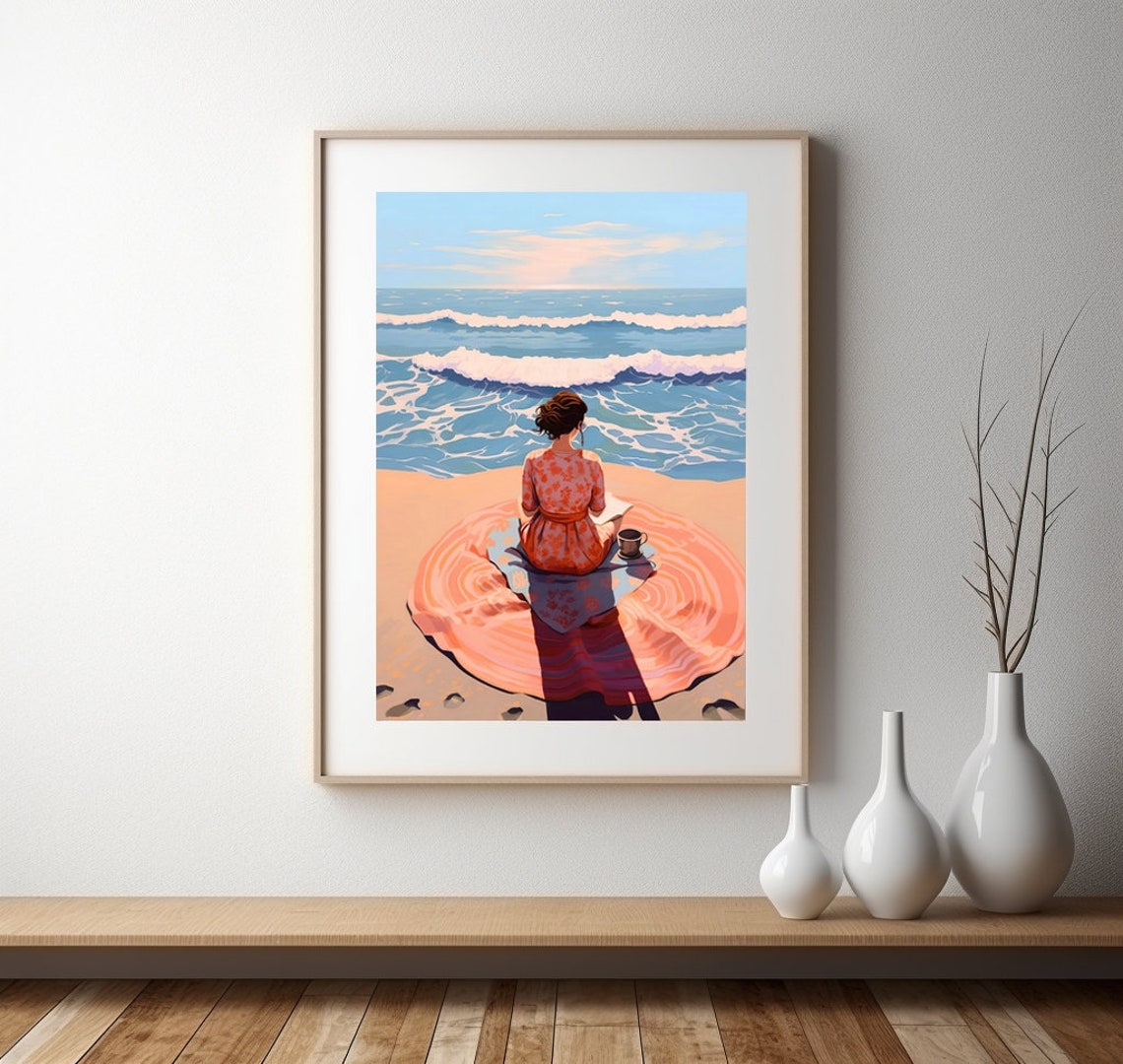 Summer Beach Woman Relaxing Retro Seaside Vacation Art Poster