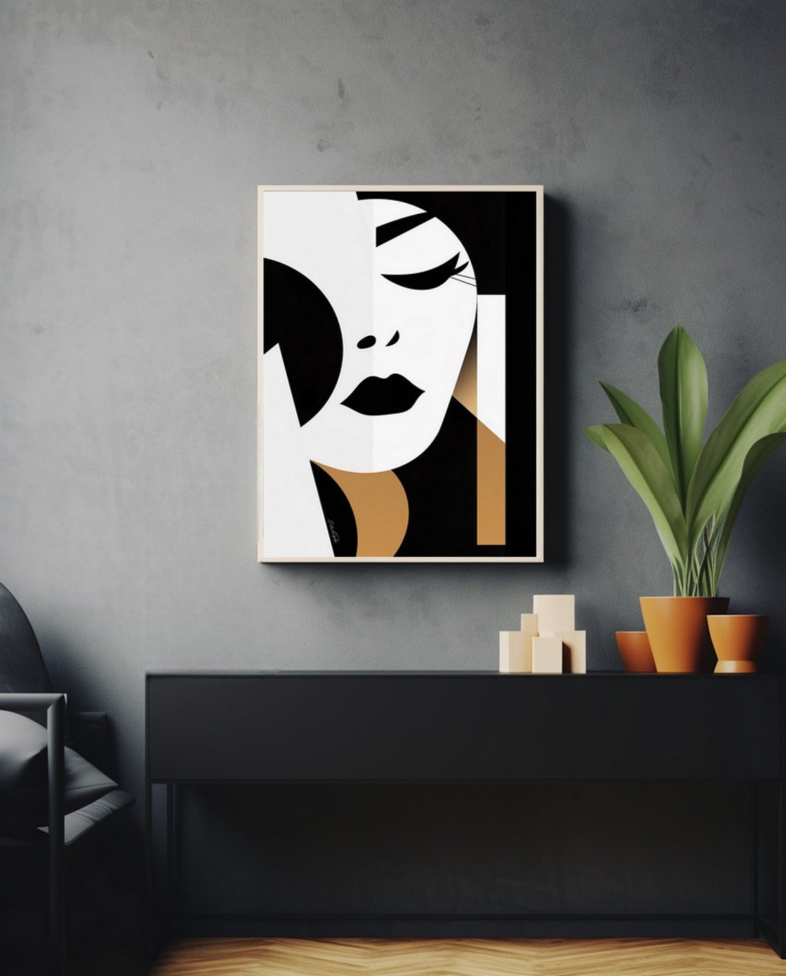 Minimalist Geometric Woman Face Black Gold Abstract Art Poster - Image 3