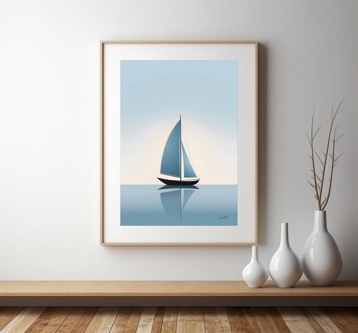 Minimalist Blue Sailboat Poster, Sea and Ocean Art Print