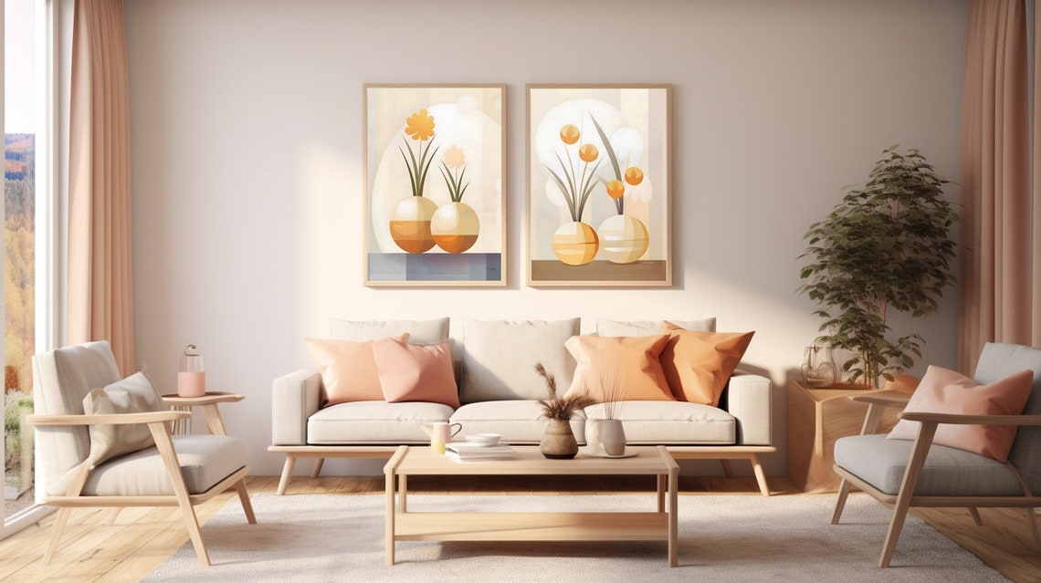 Geometric Orange Blossom Vases Warm Abstract Floral Wall Decor Poster - Image 2