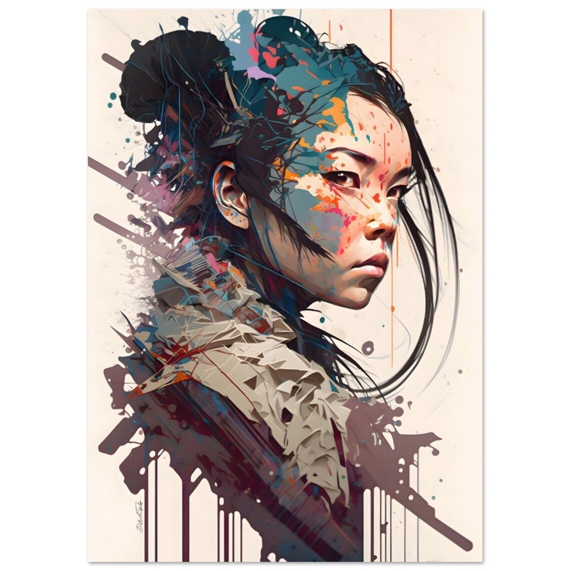 Colorful Ink Splash Japanese Portrait Expressive Art Wall Decor Poster - Image 3