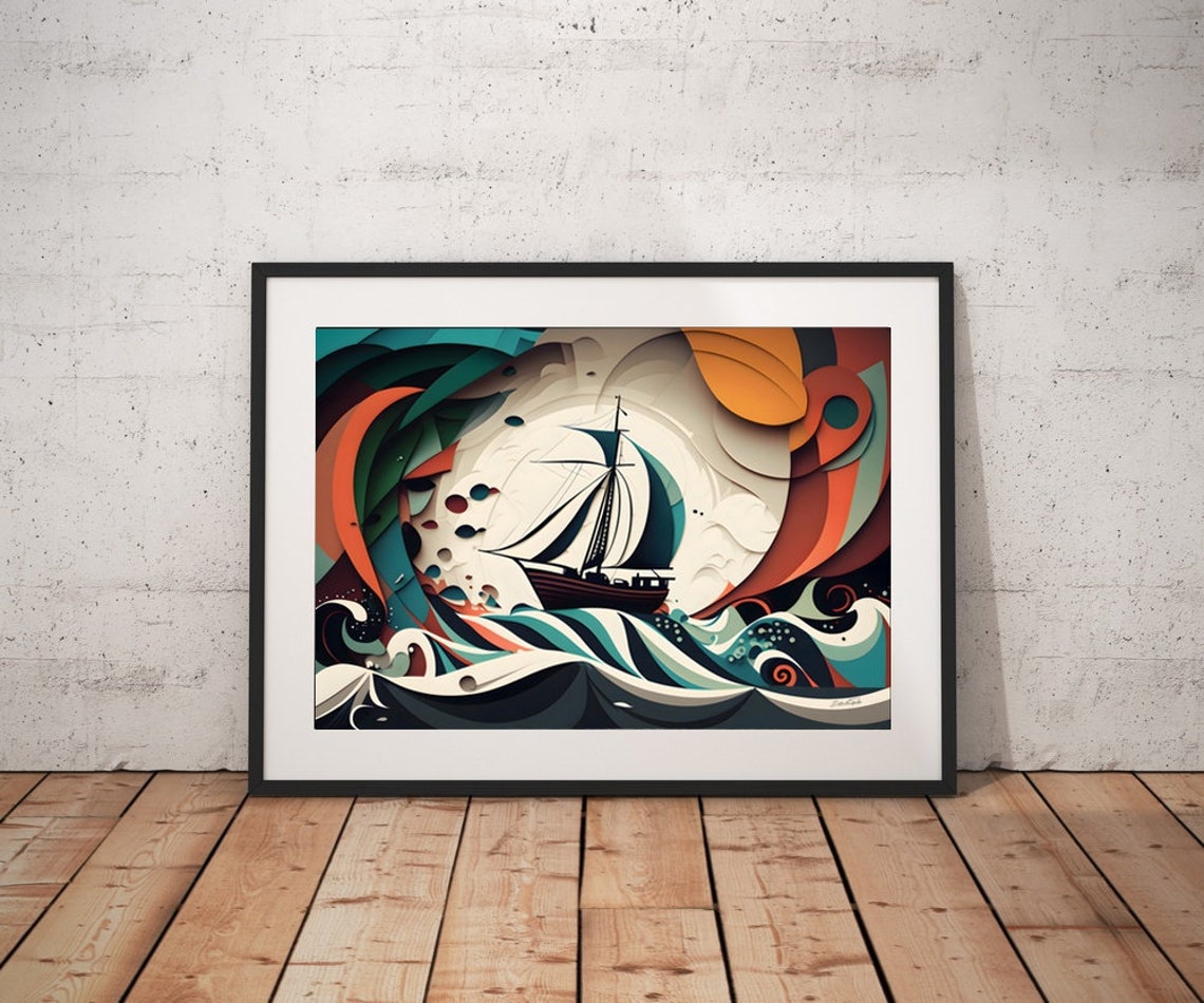 Abstract Sailboat Waves Layered Paper Cut Nautical Art Poster - Image 2