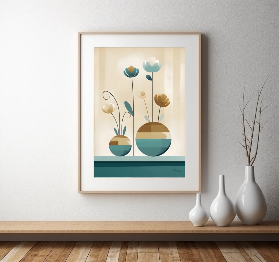Whimsical Teal Gold Flowers Striped Vases Still Life Wall Decor Poster