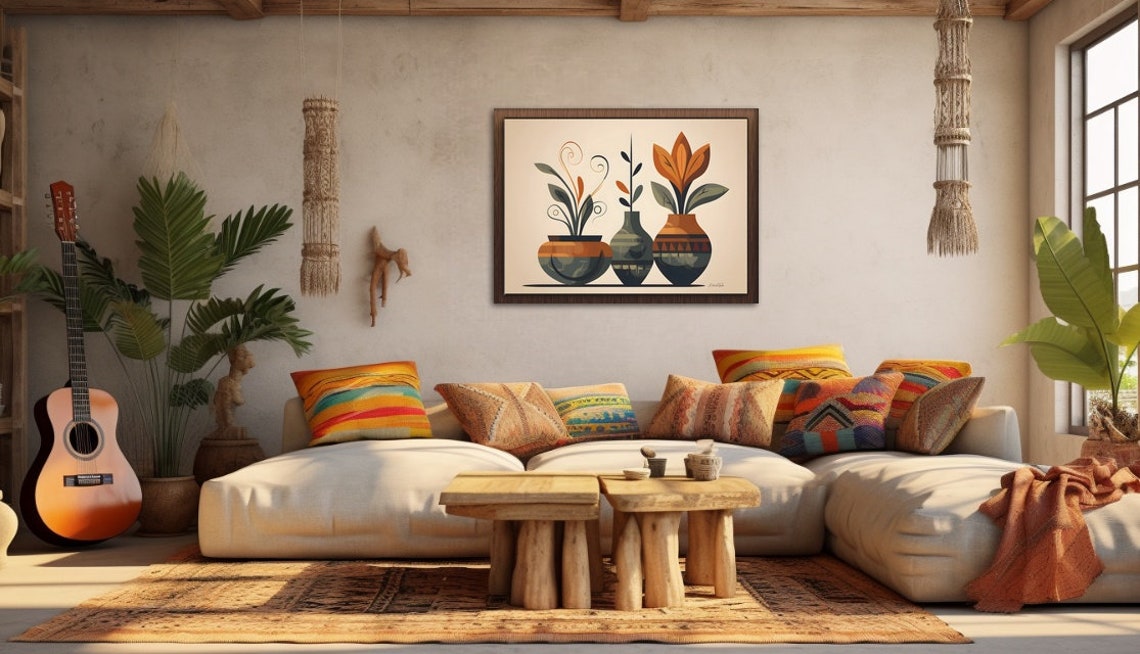 Boho African Vases With Plants Warm Minimalist Home Art Poster - Image 2