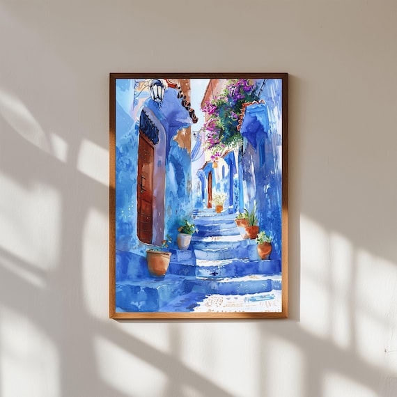 Chefchaouen Morocco Blue City Alley Watercolor Travel Art Poster