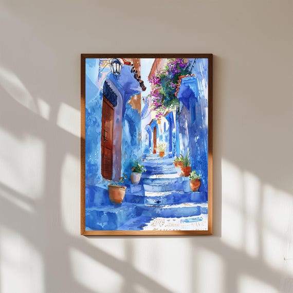 Chefchaouen Morocco Print Blue City Watercolor Art Boho Travel Decor